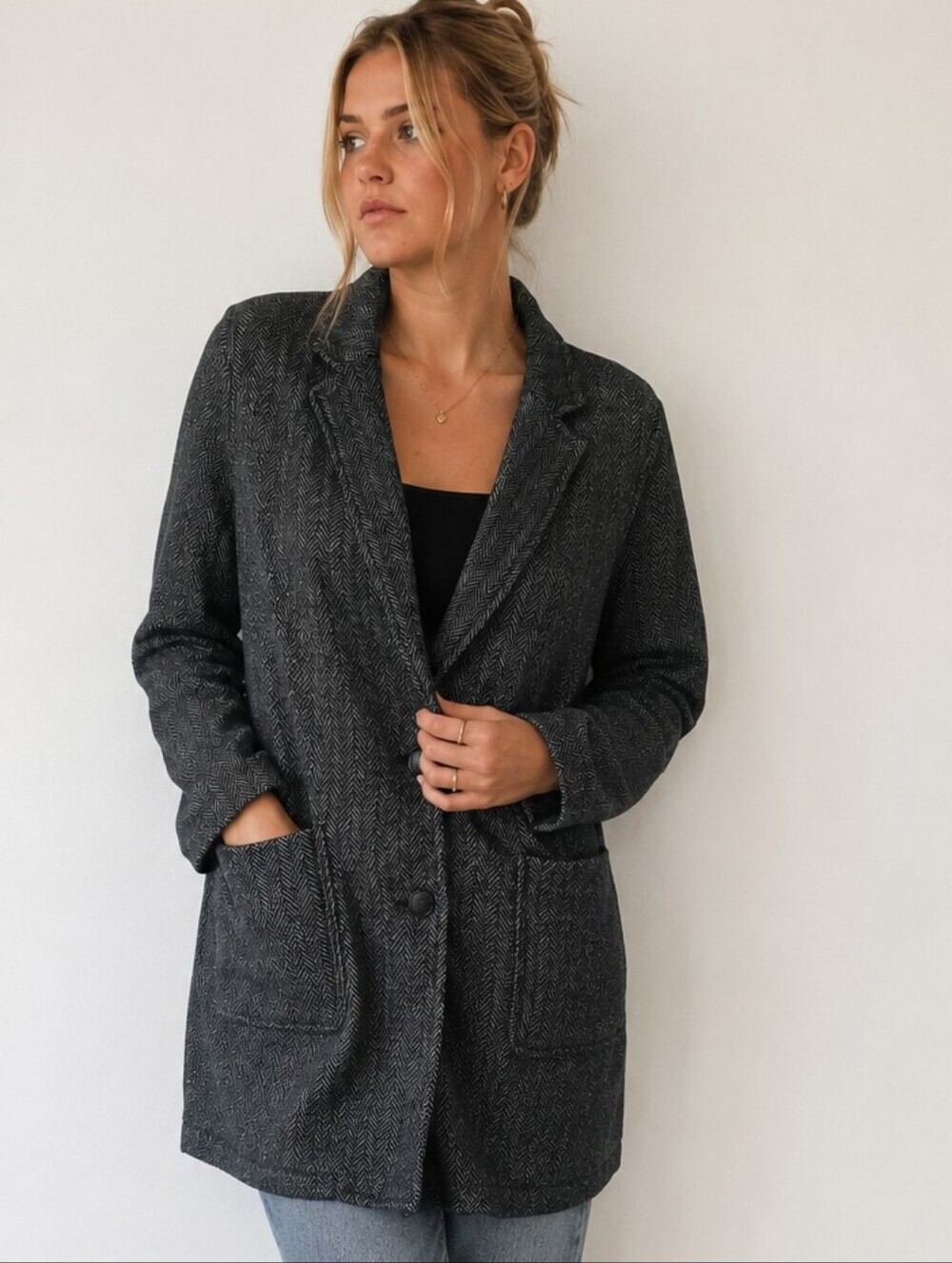 LANDS' END Women's Size 1X Gray Black Herringbone Open Front Blazer Jacket Coat